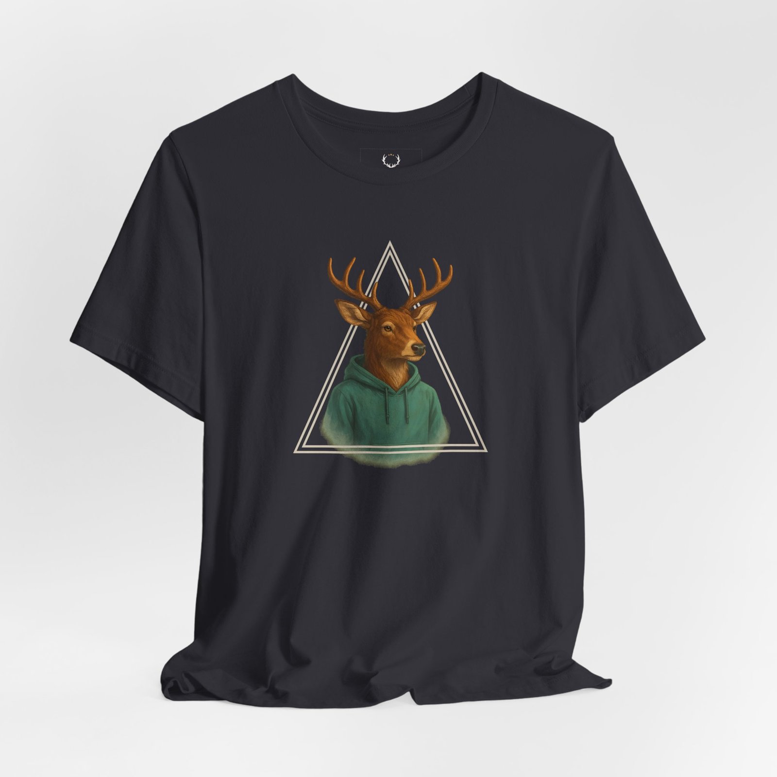 Minimalist Deer Hoodie Graphic Tee with triangle artwork for EDM, rave, and casual streetwear looks.