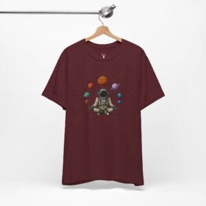 Unique cosmic astronaut meditation t-shirt with galaxy planets artwork, futuristic festival streetwear, and EDM vibes.