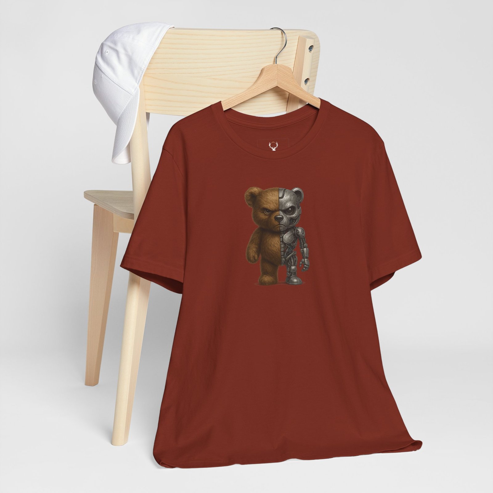 Cyberpunk Teddy Bear Tee with robotic teddy design, crafted for futuristic streetwear and cyberpunk lovers.