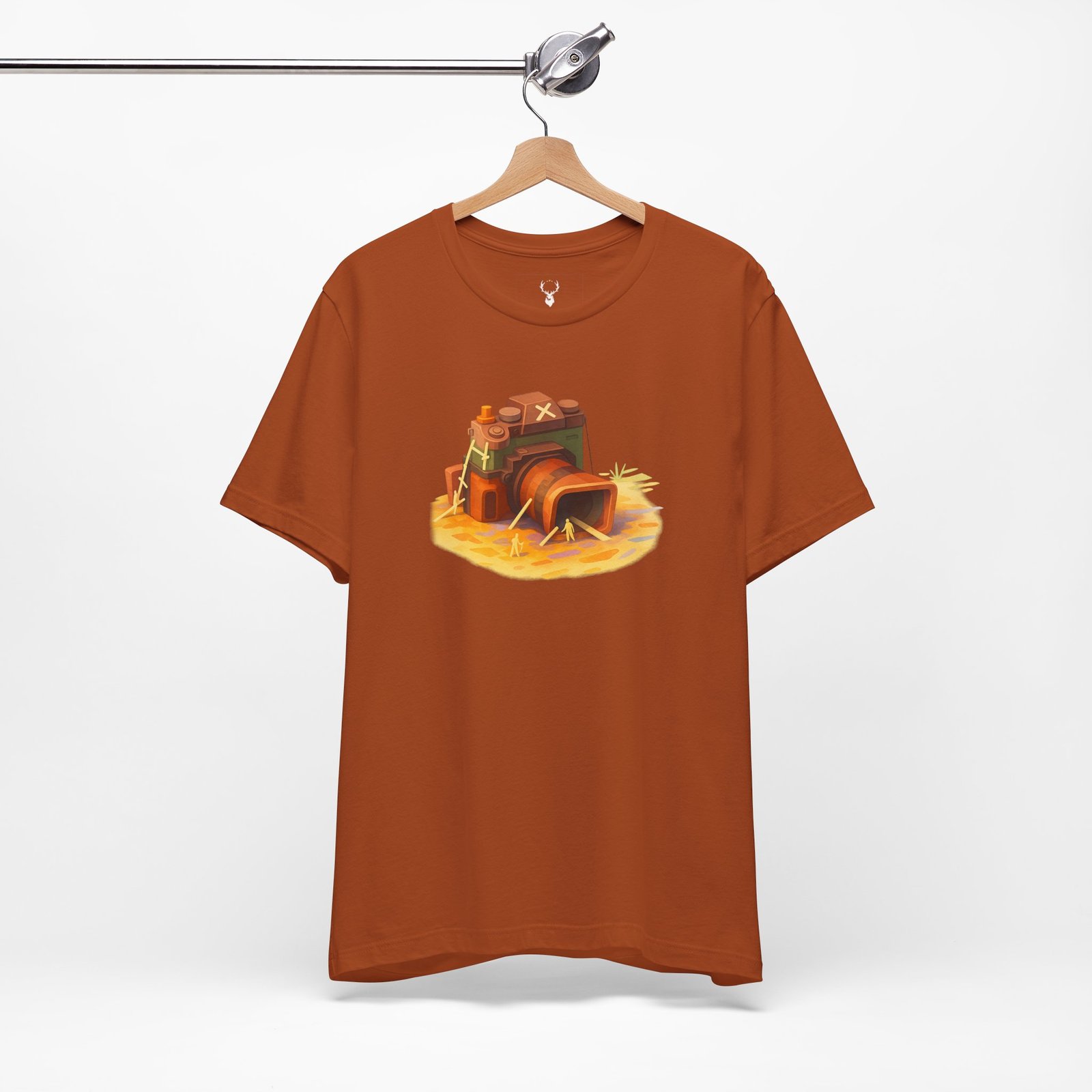 Creative t-shirt with retro camera art design for photographers, videographers, and content creators.