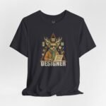 EDM streetwear t-shirt featuring creative deer character with design tools and vinyl record graphics.