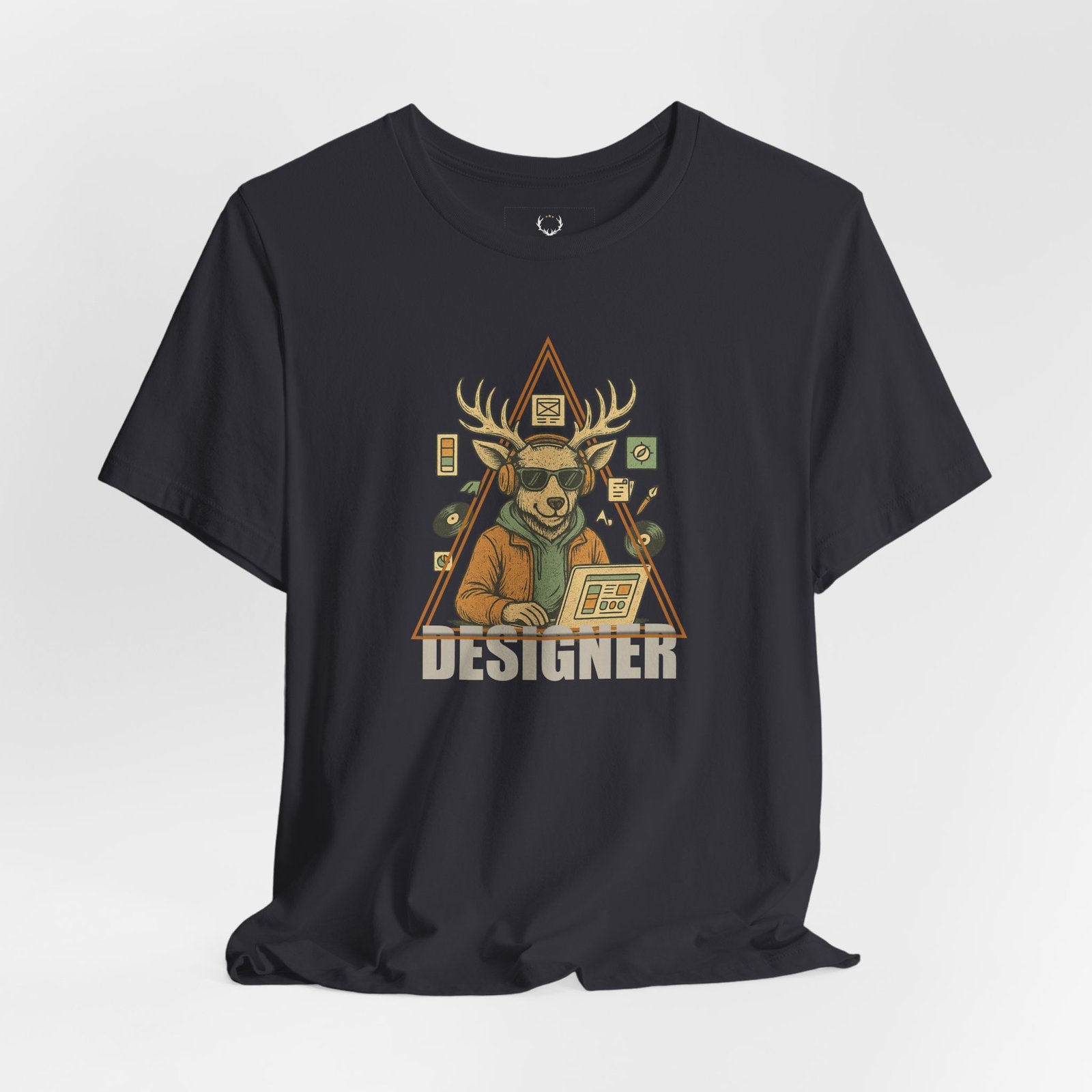 EDM streetwear t-shirt featuring creative deer character with design tools and vinyl record graphics.