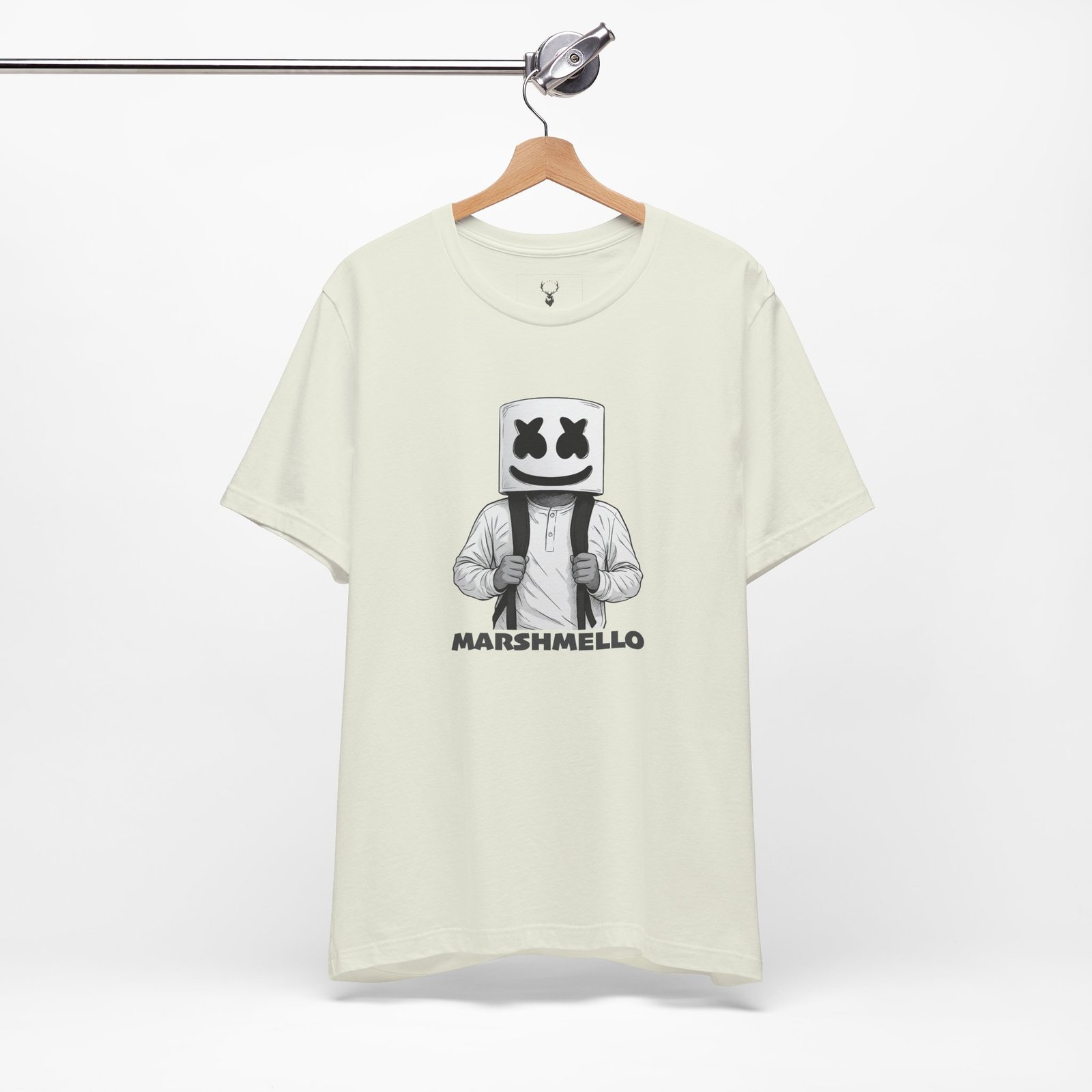 Marshmello DJ Shirt EDM rave festival concert outfit, graphic tee design with Marshmello helmet logo for fan streetwear style.