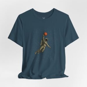 Basketball astronaut graphic shirt with galaxy slam dunk artwork for rave streetwear lovers.