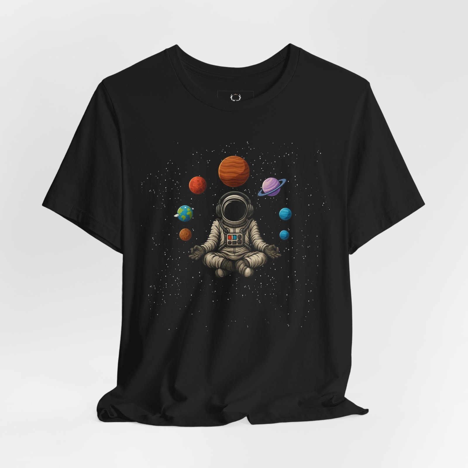 Space planets graphic tee showing meditating astronaut in cosmic galaxy design, perfect for EDM festivals and urban streetwear.