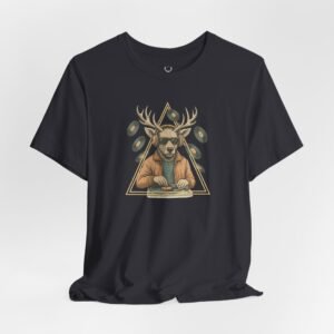 Deer DJ Graphic T-Shirt with vinyl-inspired EDM artwork – streetwear fashion tee for rave culture and vinyl collectors.