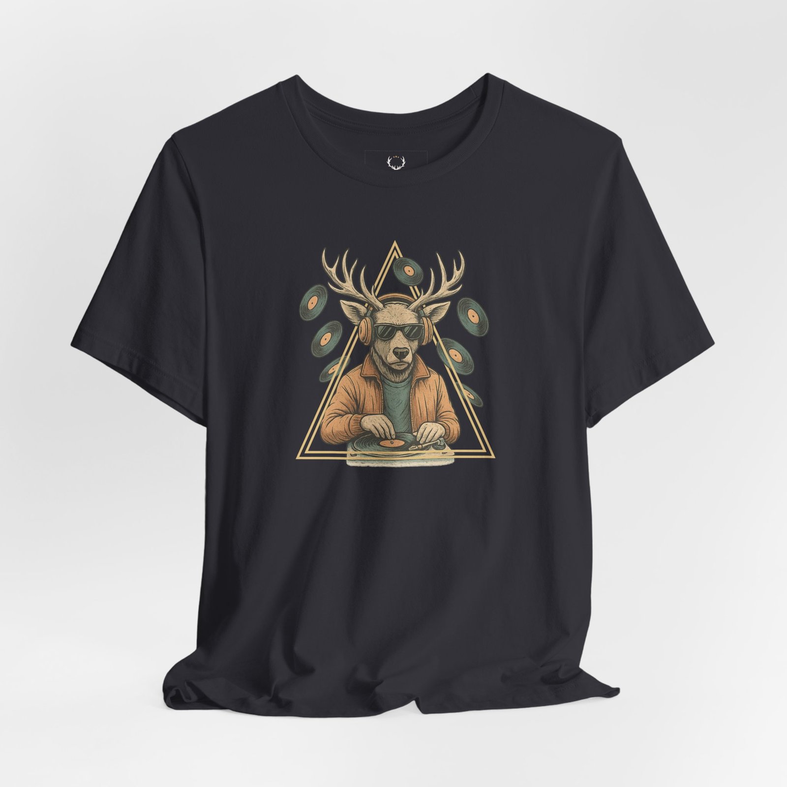 Deer DJ Graphic T-Shirt with vinyl-inspired EDM artwork – streetwear fashion tee for rave culture and vinyl collectors.