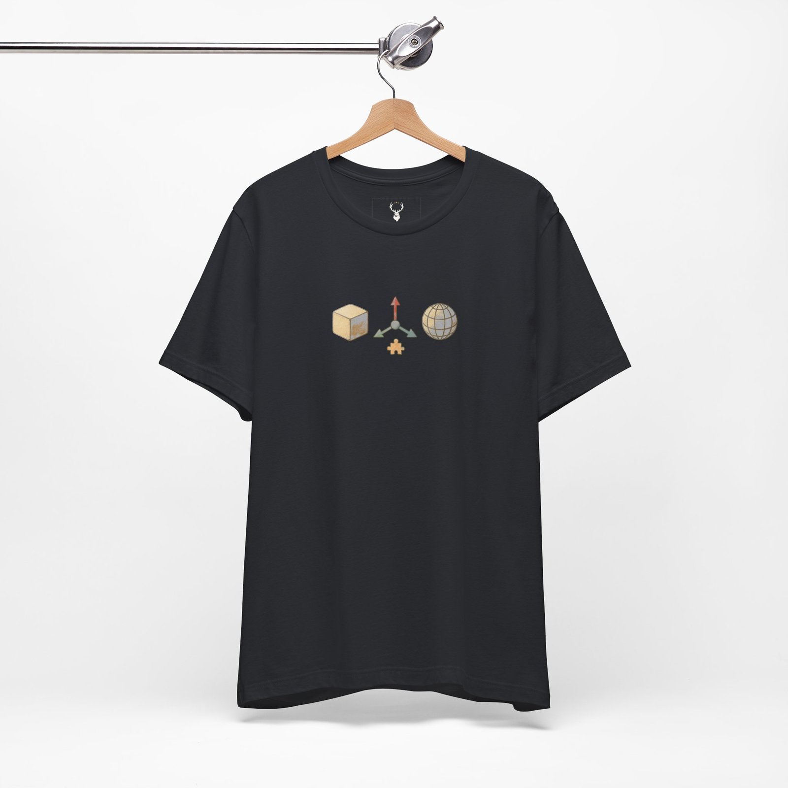 3D Designer T-Shirt featuring cube, axis, and globe icons used in modeling, sculpting, and rendering software.