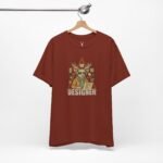 EDM designer t-shirt with triangle art and music producer deer character.