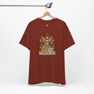 EDM designer t-shirt with triangle art and music producer deer character.