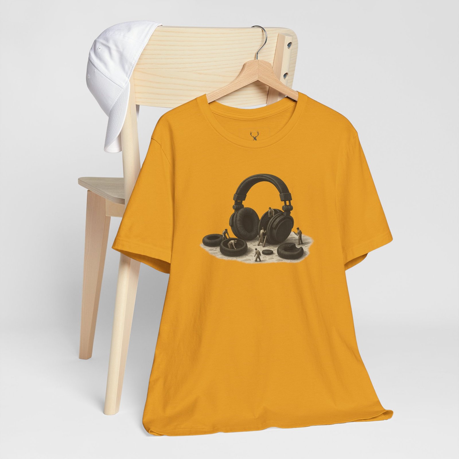 Headphone Artwork T-Shirt showcasing unique headphone rebuild design, a perfect choice for festival outfits.