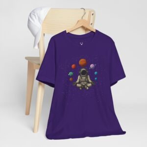 Meditation astronaut galaxy streetwear tee featuring planetary design, cosmic vibes, and EDM-inspired futuristic artwork.