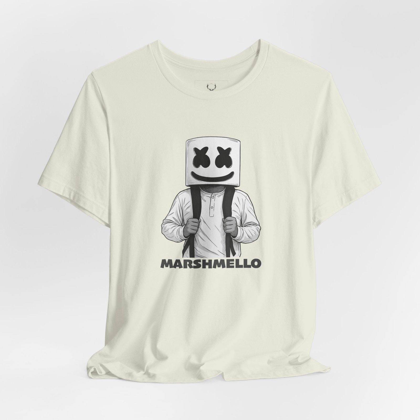 White Marshmello T-Shirt with bold Marshmello graphic print, perfect as EDM fan merch and rave streetwear festival outfit.