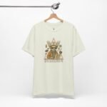 Creative designer streetwear shirt with deer illustration wearing headphones and surrounded by vinyl and cassettes.