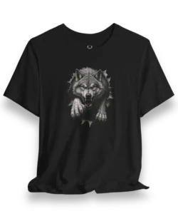 Aggressive Wolf Tee showcasing fierce wolf artwork breaking through shadows, perfect for gothic fashion and biker streetwear style.