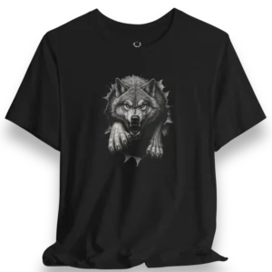 Aggressive Wolf Tee showcasing fierce wolf artwork breaking through shadows, perfect for gothic fashion and biker streetwear style.