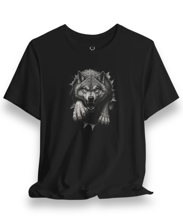 Aggressive Wolf Tee showcasing fierce wolf artwork breaking through shadows, perfect for gothic fashion and biker streetwear style.