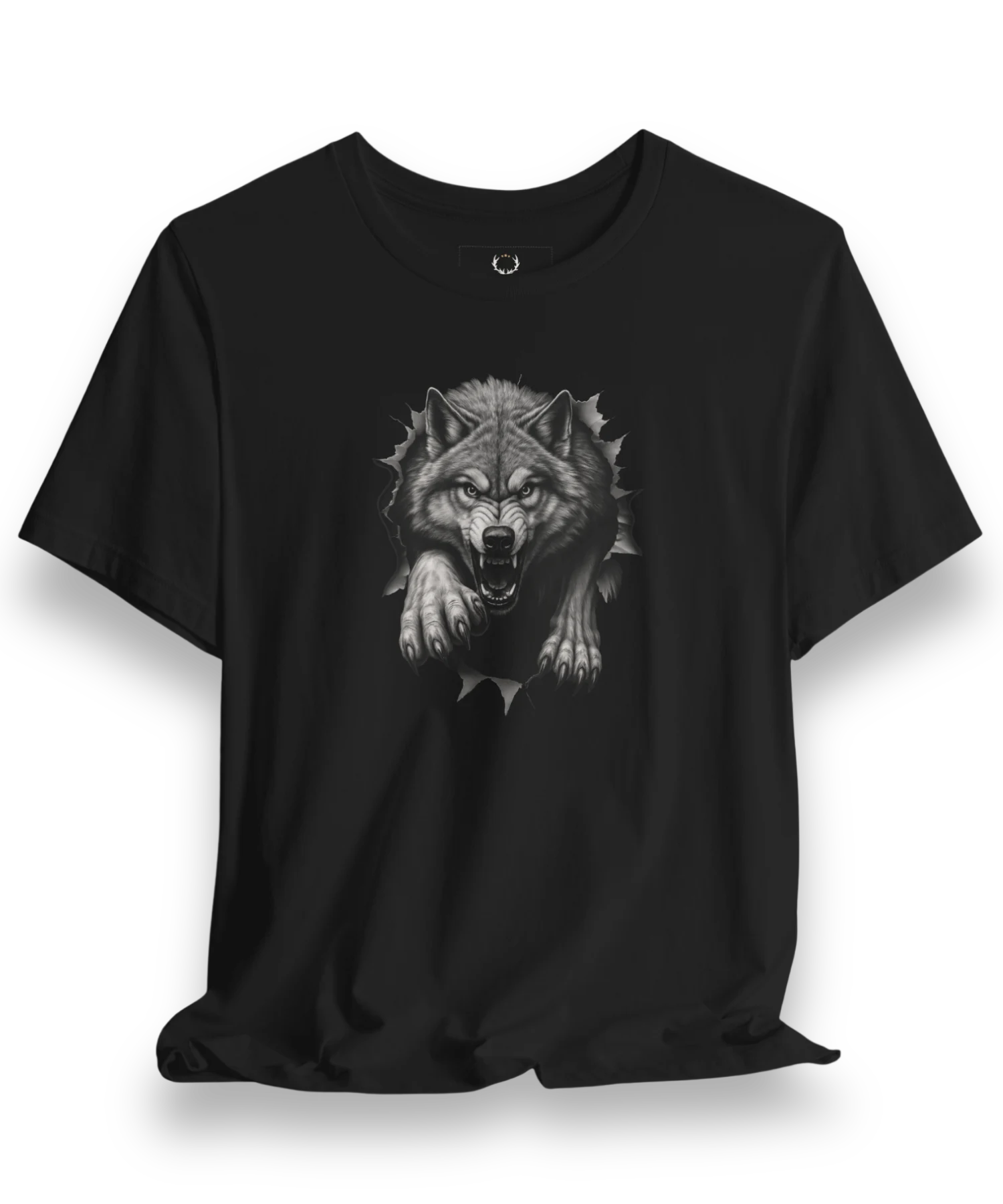 Aggressive Wolf Tee showcasing fierce wolf artwork breaking through shadows, perfect for gothic fashion and biker streetwear style.