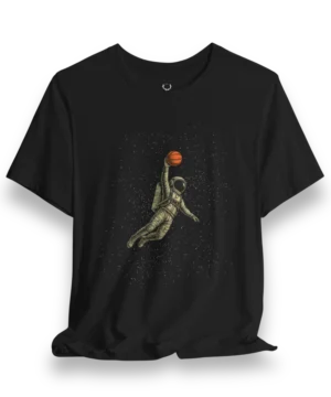 Astronaut basketball graphic tee with cosmic slam dunk design for EDM festivals and streetwear lovers.Astronaut Basketball T-Shirt