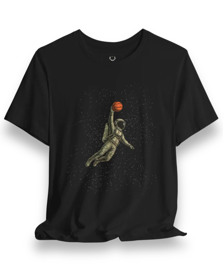 Astronaut basketball graphic tee with cosmic slam dunk design for EDM festivals and streetwear lovers.Astronaut Basketball T-Shirt