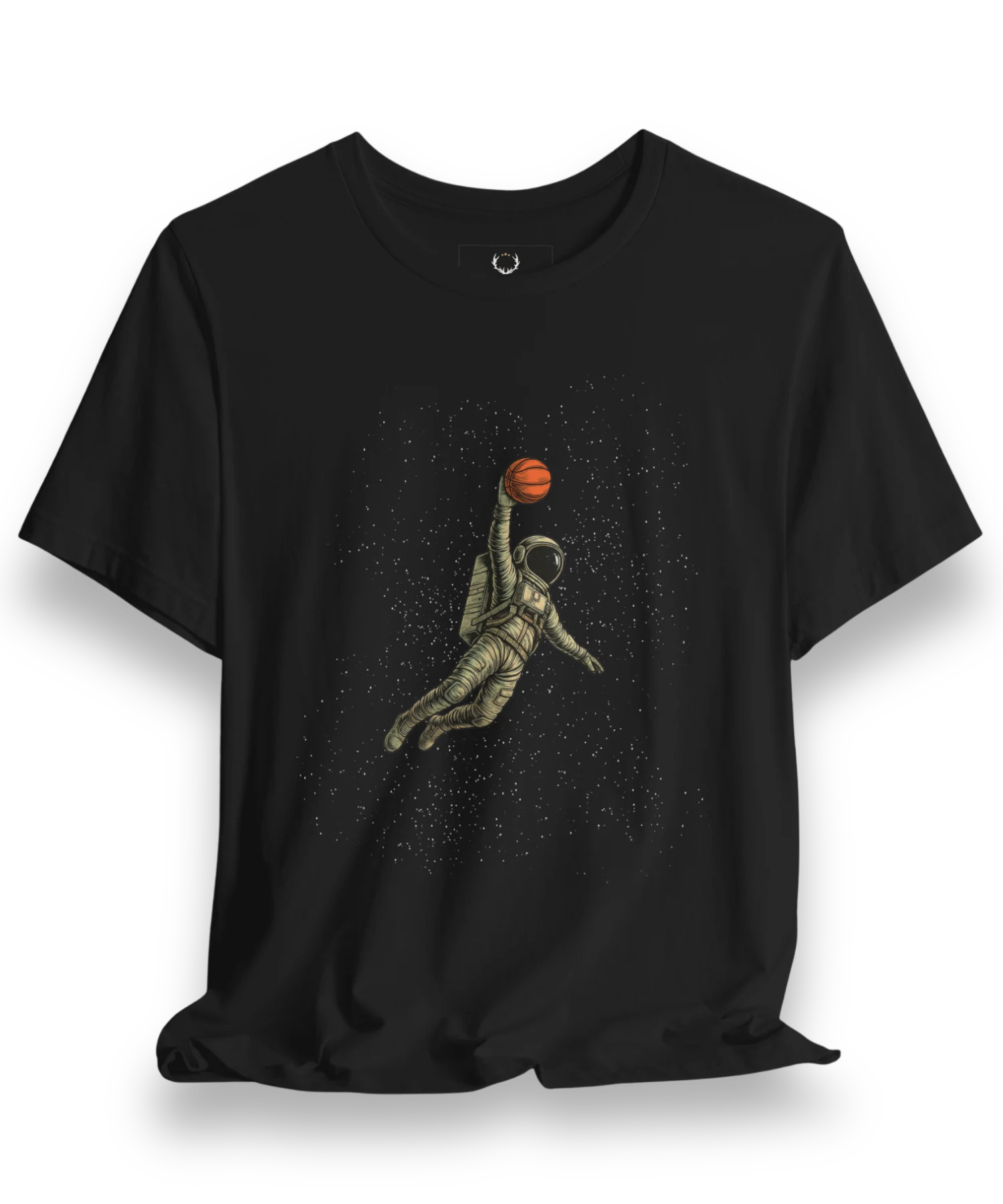 Astronaut basketball graphic tee with cosmic slam dunk design for EDM festivals and streetwear lovers.Astronaut Basketball T-Shirt