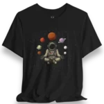 Astronaut Meditation T-Shirt with space planets graphic and galaxy streetwear artwork for EDM fans and cosmic festival outfits.