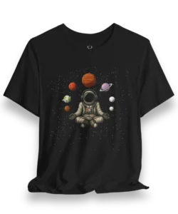 Astronaut Meditation T-Shirt with space planets graphic and galaxy streetwear artwork for EDM fans and cosmic festival outfits.