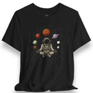 Astronaut Meditation T-Shirt with space planets graphic and galaxy streetwear artwork for EDM fans and cosmic festival outfits.