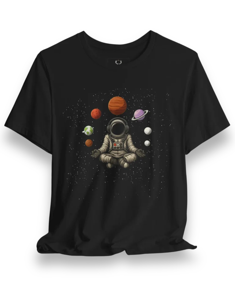 Astronaut Meditation T-Shirt with space planets graphic and galaxy streetwear artwork for EDM fans and cosmic festival outfits.