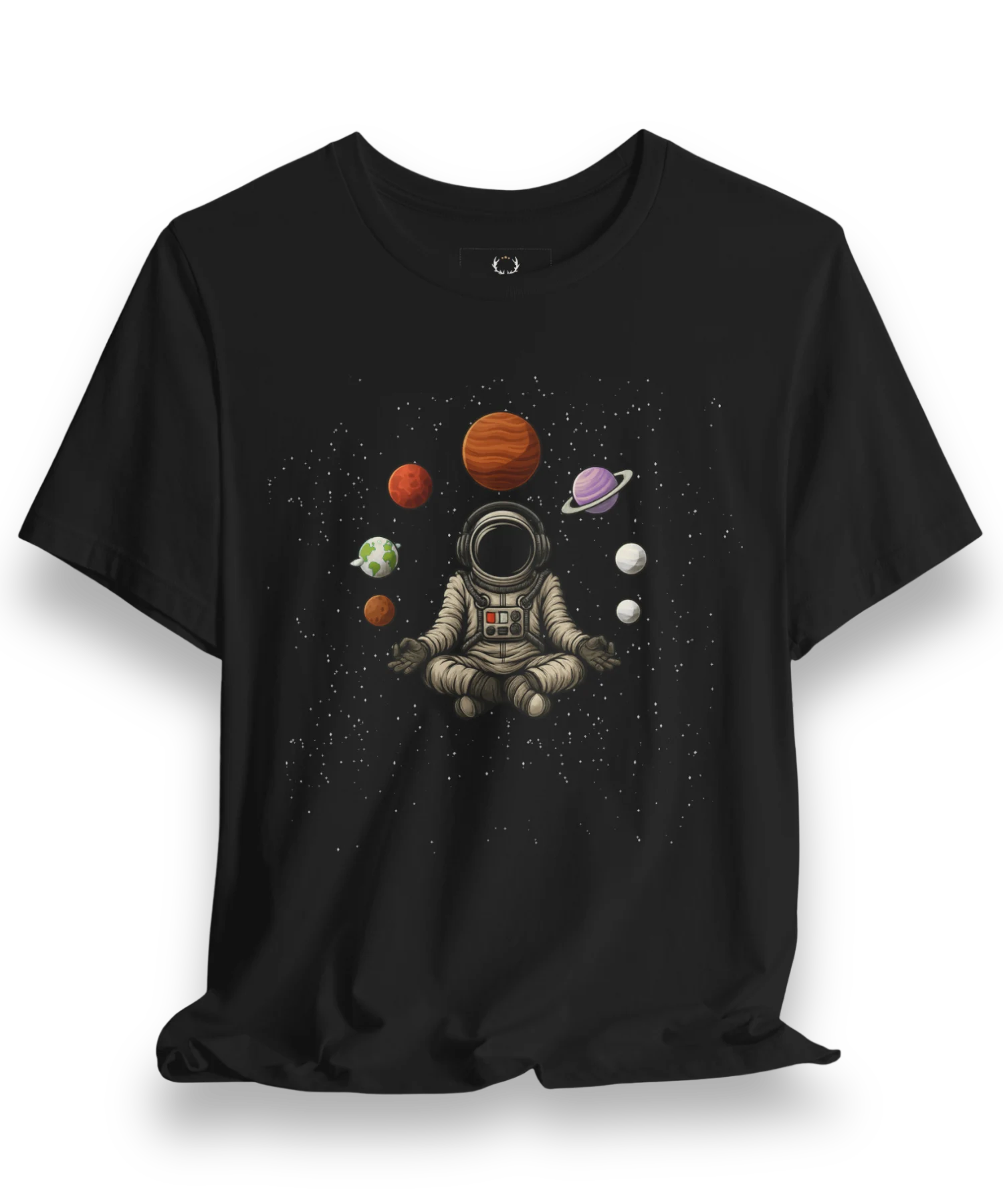 Astronaut Meditation T-Shirt with space planets graphic and galaxy streetwear artwork for EDM fans and cosmic festival outfits.