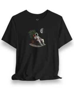 Astronaut Relaxing T-Shirt featuring cosmic chill artwork with moon and plant, perfect for space streetwear fashion.