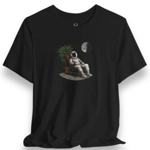 Astronaut Relaxing T-Shirt featuring cosmic chill artwork with moon and plant, perfect for space streetwear fashion.