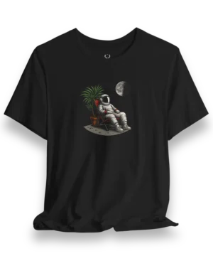 Astronaut Relaxing T-Shirt featuring cosmic chill artwork with moon and plant, perfect for space streetwear fashion.