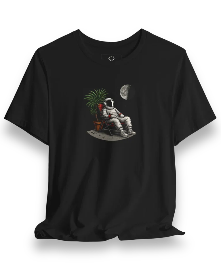 Astronaut Relaxing T-Shirt featuring cosmic chill artwork with moon and plant, perfect for space streetwear fashion.