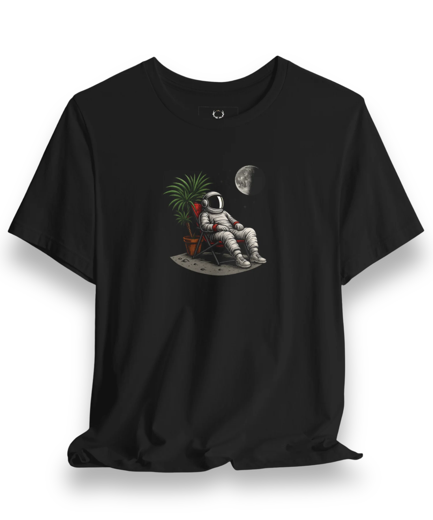Astronaut Relaxing T-Shirt featuring cosmic chill artwork with moon and plant, perfect for space streetwear fashion.