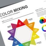 Comprehensive color theory chart print showing properties like hue, saturation, value, and examples of monochromatic, split complementary, and square harmonies.