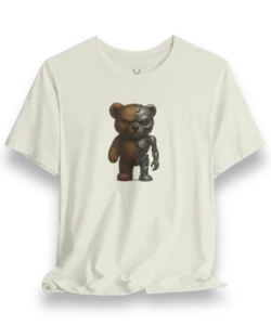 Cyberpunk Teddy Bear Tee with half cyborg, half teddy artwork, designed for futuristic streetwear and sci-fi fashion lovers.