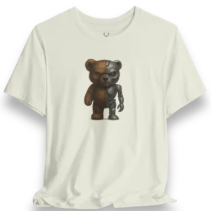 Cyberpunk Teddy Bear Tee with half cyborg, half teddy artwork, designed for futuristic streetwear and sci-fi fashion lovers.