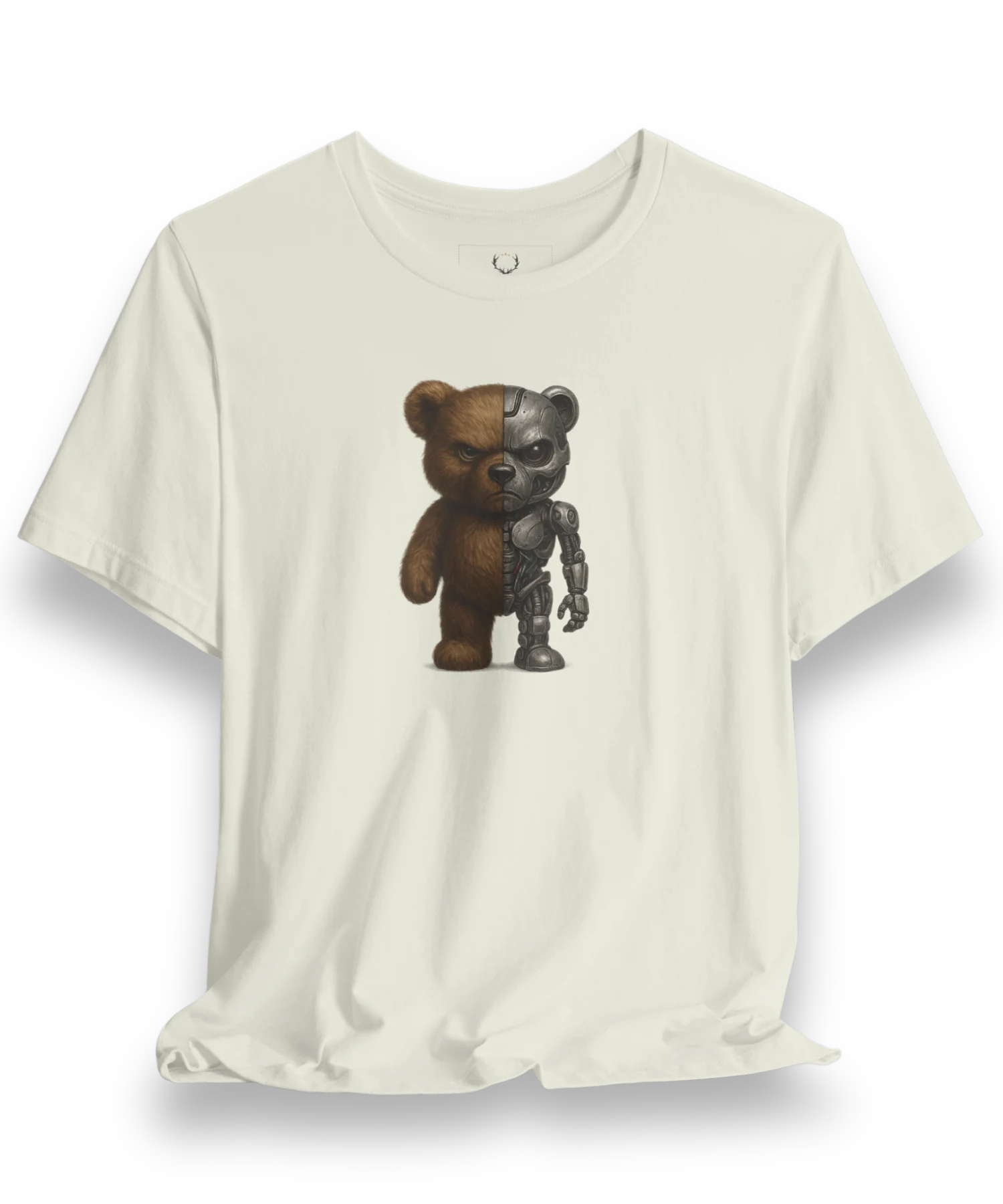 Cyberpunk Teddy Bear Tee with half cyborg, half teddy artwork, designed for futuristic streetwear and sci-fi fashion lovers.