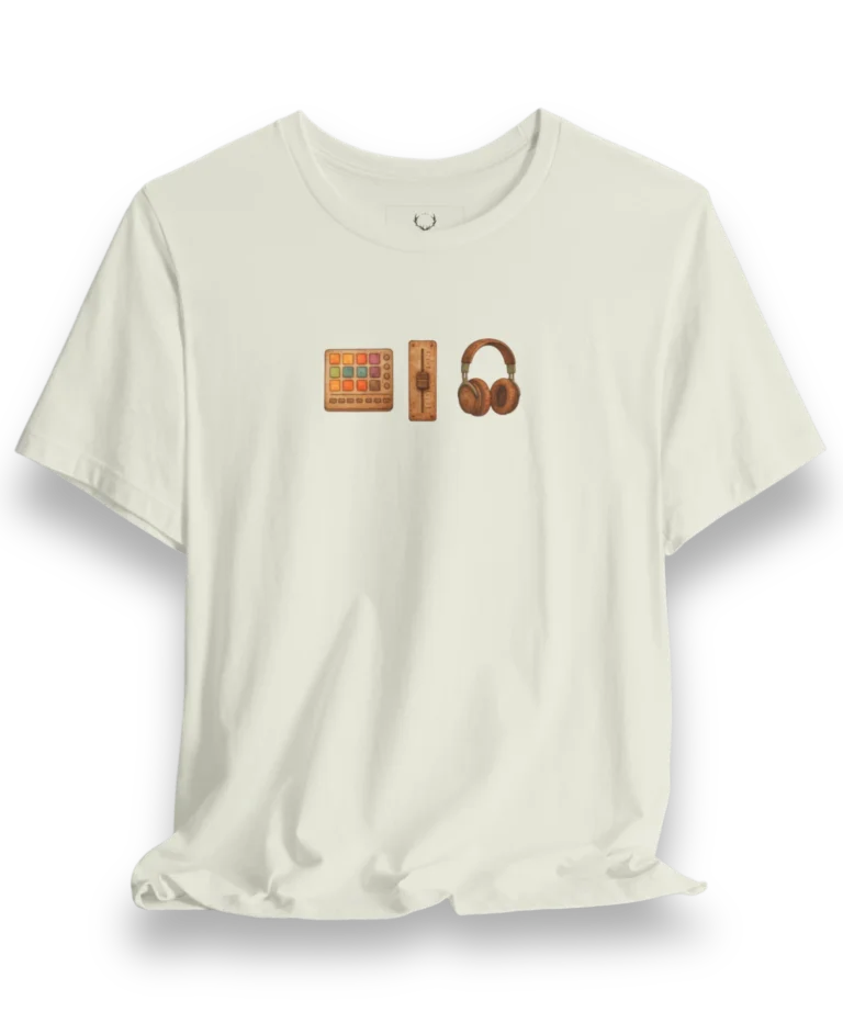 DJ Gear Graphic Tee with headphones and beat pad design for EDM producers, DJs, and electronic music festival fans.