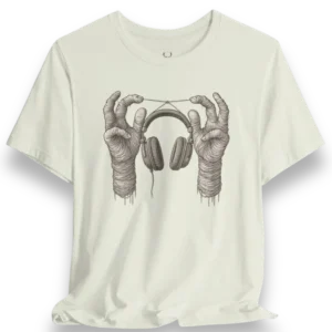 DJ Headphones Graphic Tee featuring skeleton hands with headphones, perfect for EDM festivals, rave parties, and underground music lovers.
