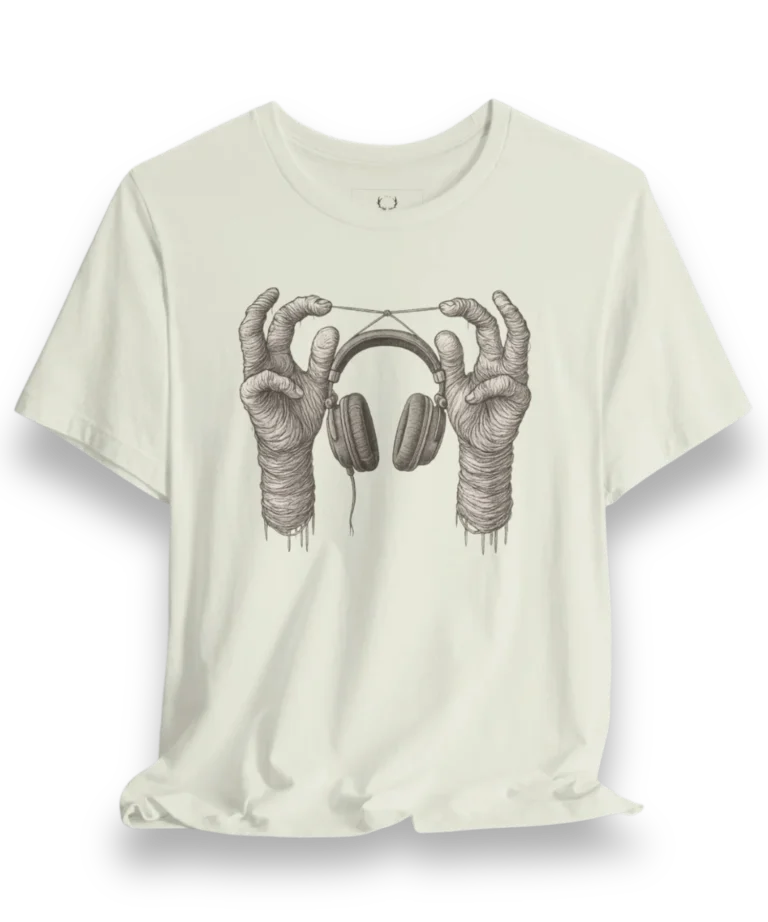 DJ Headphones Graphic Tee featuring skeleton hands with headphones, perfect for EDM festivals, rave parties, and underground music lovers.