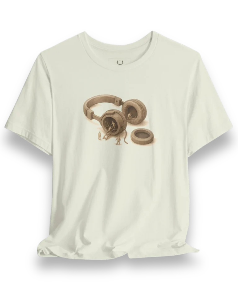 White DJ Headphones Graphic Tee designed for EDM festivals, rave culture, and music producers, featuring bold headphones artwork.