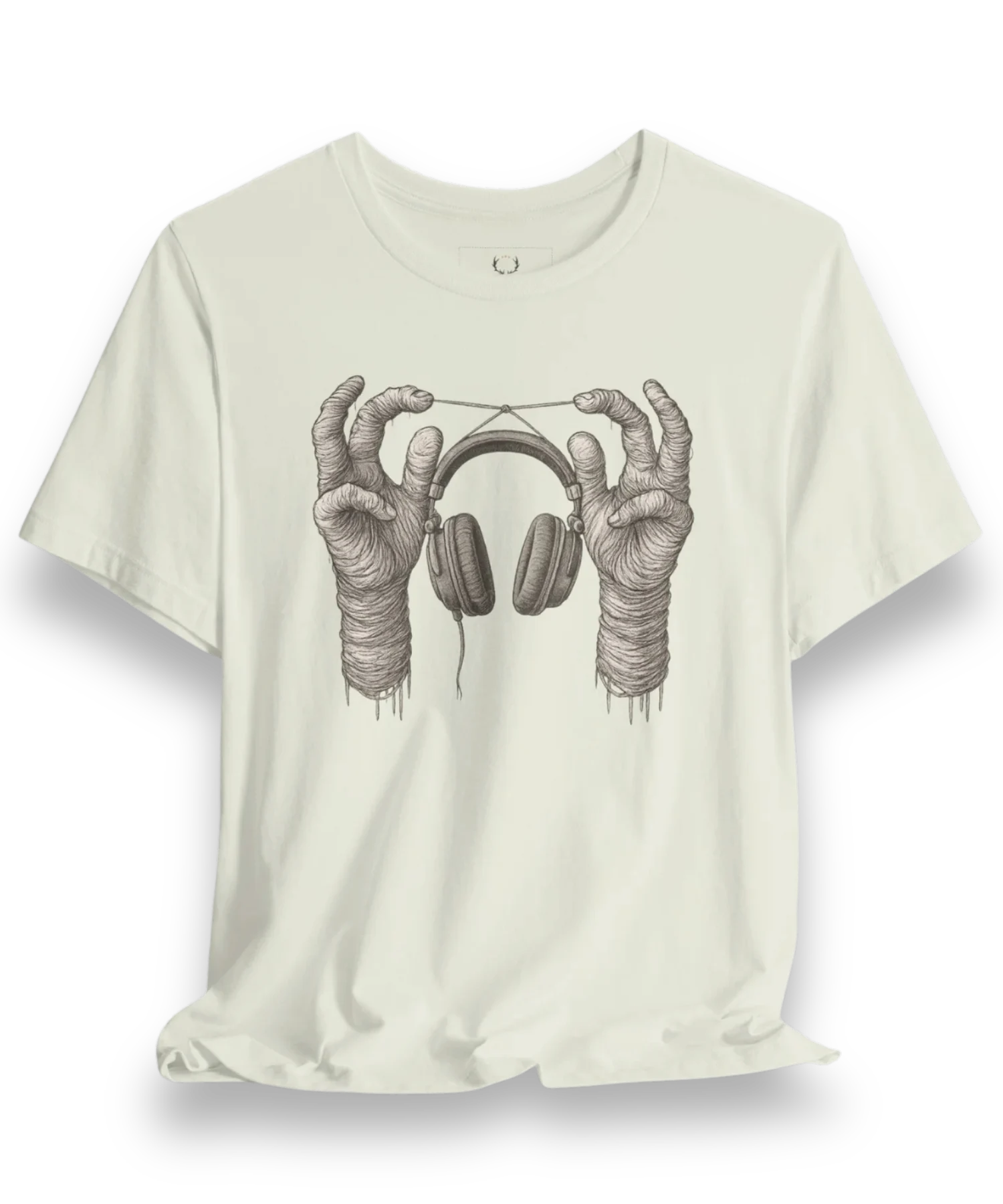 DJ Headphones Graphic Tee featuring skeleton hands with headphones, perfect for EDM festivals, rave parties, and underground music lovers.