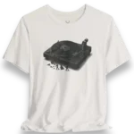 DJ Turntable T-Shirt featuring vinyl record player graphic design for EDM, techno, house music festivals and streetwear fans.