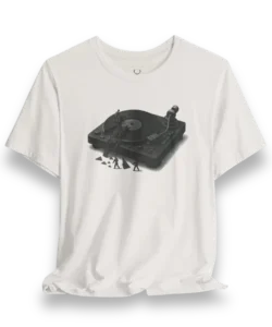 DJ Turntable T-Shirt featuring vinyl record player graphic design for EDM, techno, house music festivals and streetwear fans.