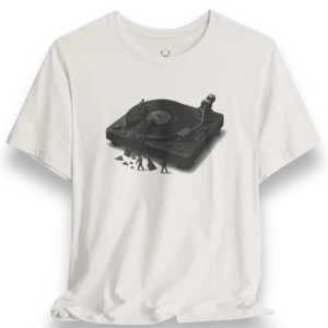 DJ Turntable T-Shirt featuring vinyl record player graphic design for EDM, techno, house music festivals and streetwear fans.