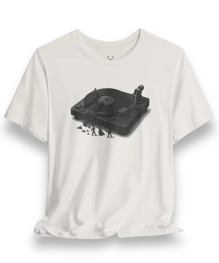 DJ Turntable T-Shirt featuring vinyl record player graphic design for EDM, techno, house music festivals and streetwear fans.