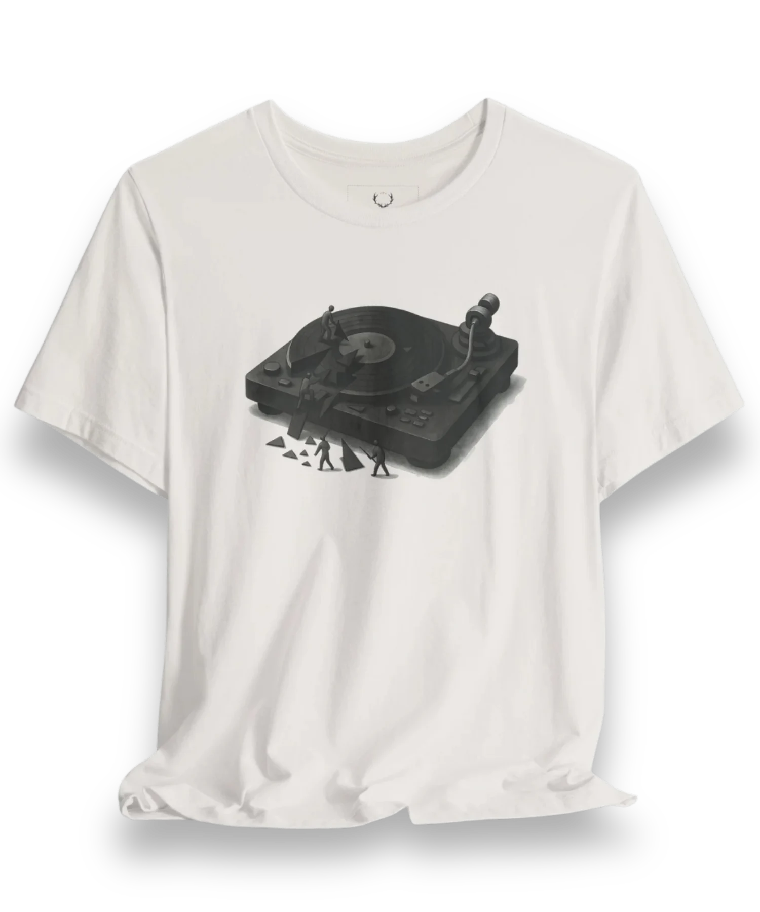 DJ Turntable T-Shirt featuring vinyl record player graphic design for EDM, techno, house music festivals and streetwear fans.