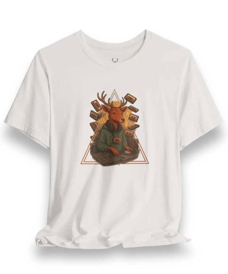Deer DJ Tee with cassette tape graphic, perfect EDM festival t-shirt for DJs, producers, and rave fans who love streetwear culture.